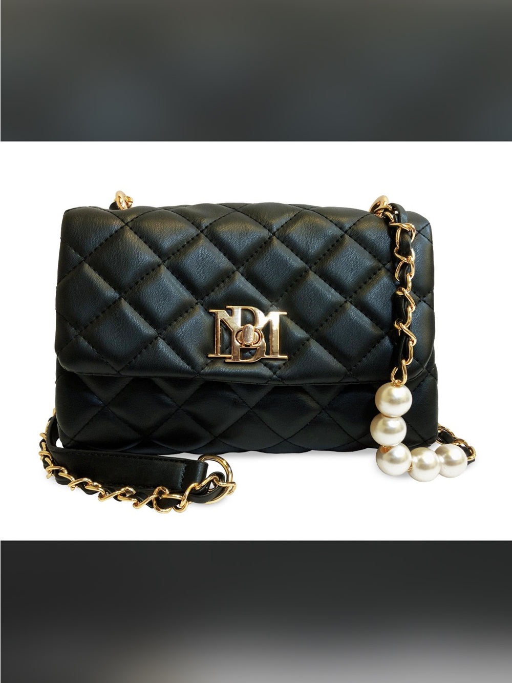 Badgley Mischka Black Quilted Crossbody with Gold Chain & Pearl Charm
